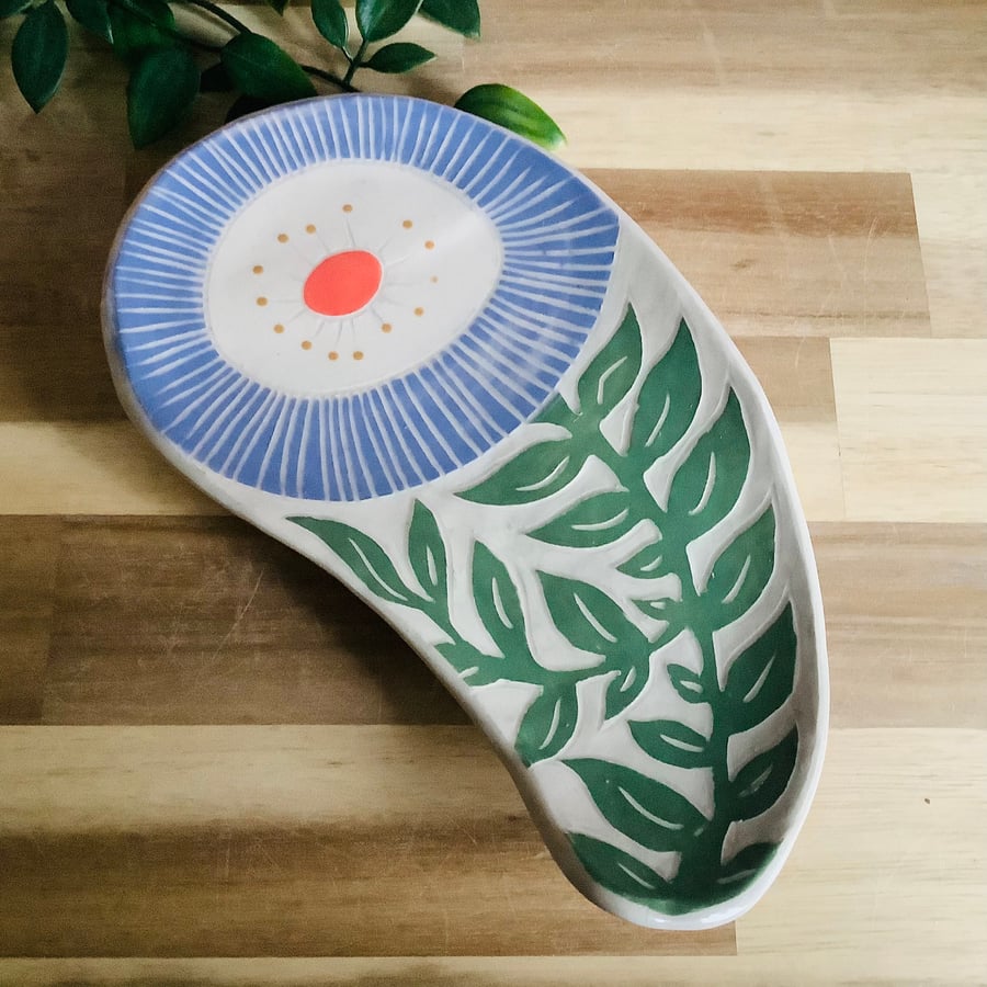 Handmade stoneware green leaf and lilac flowers plate side plate tableware 