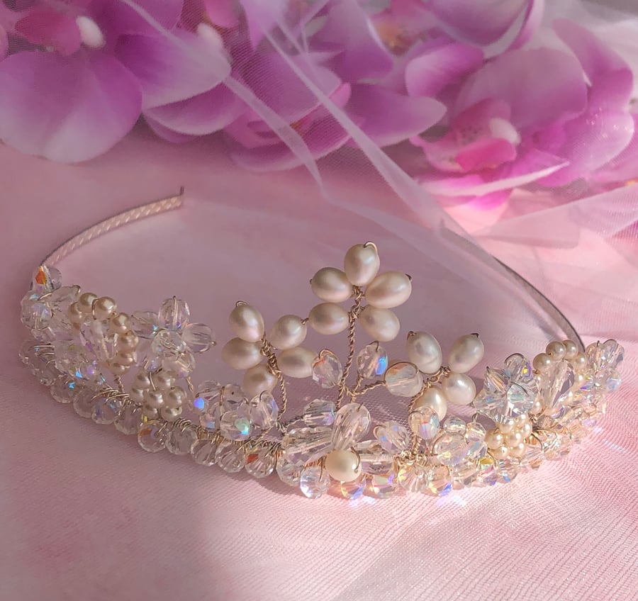 Floral Bridal Tiara with Freshwater Pearls and ... - Folksy