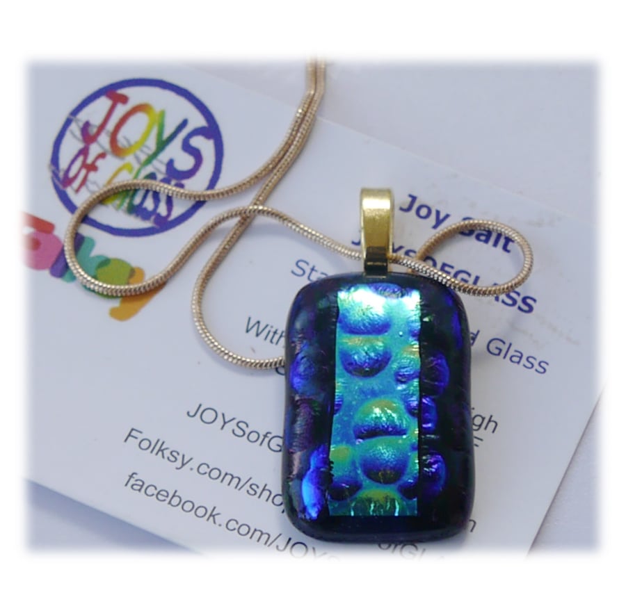 Blue Dichroic Glass Pendant 164 Aqua Bubbles with gold plated chain