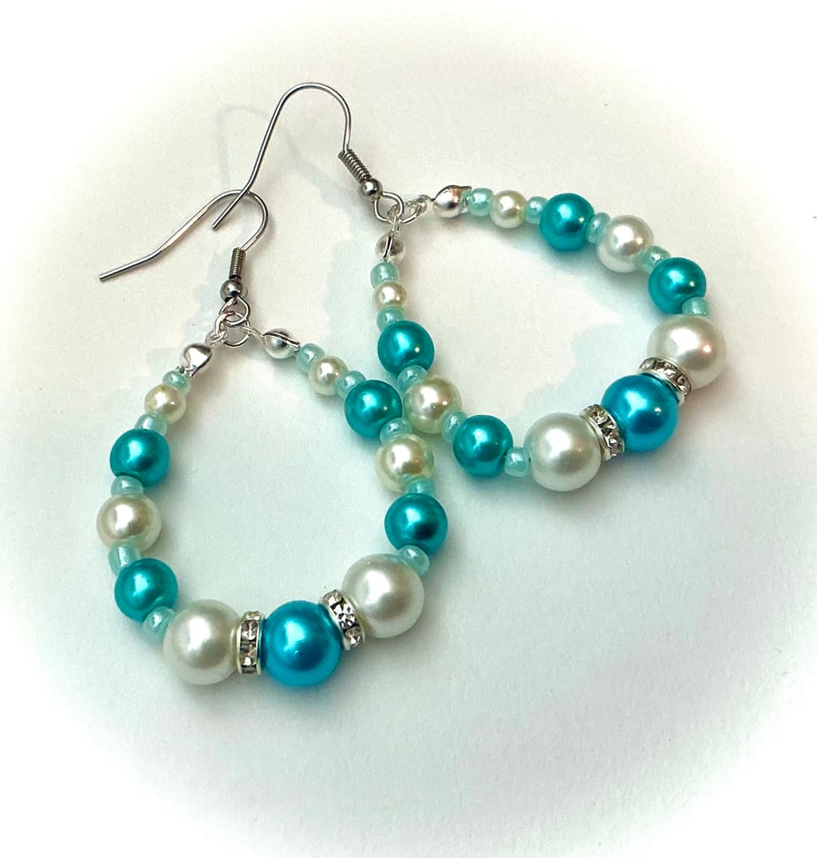 Beaded Hoop Earrings in Turquoise and Ivory