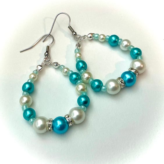 Beaded Hoop Earrings in Turquoise and Ivory