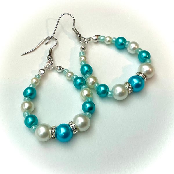 Beaded Hoop Earrings in Turquoise and Ivory