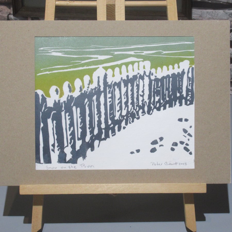 Snow on the Prom lino cut