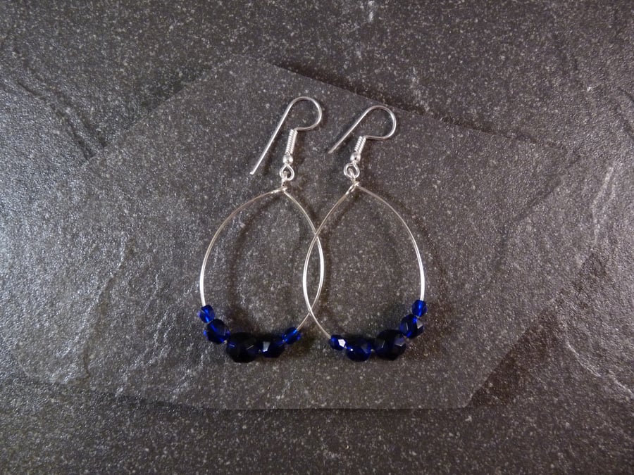 Large Hoop Earrings - Midnight Blue Faceted Glass - 40mm - Sliver Colour