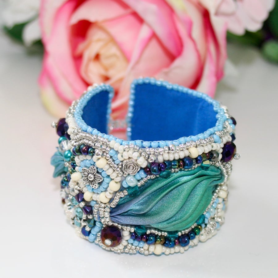 Peacock blue shibori ribbon cuff bracelet