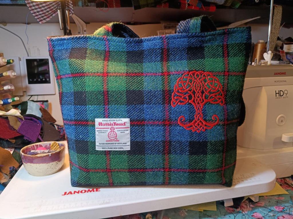 Harris tweed ancient  Robertson tartan shopper  with embroidered Celtic tree 