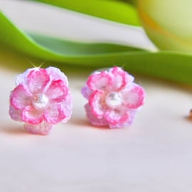 Microcrochet Pink Eustoma Stud Earrings 