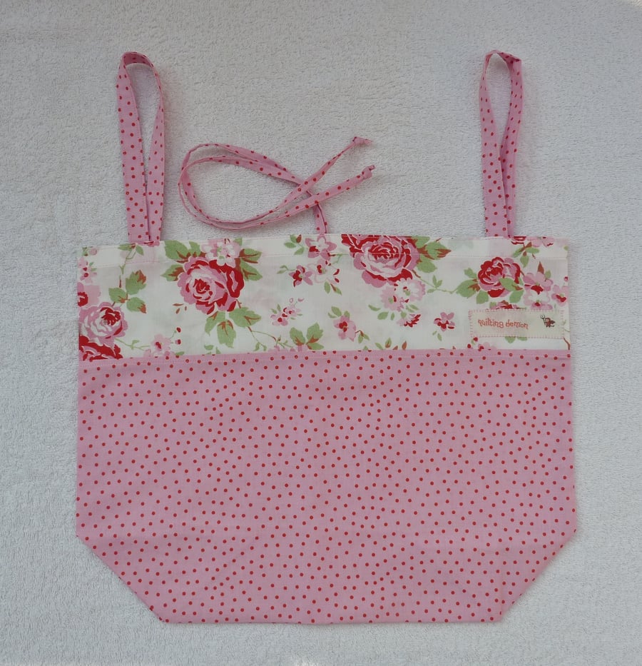 Fold Up Tote Bag in Rose and Polka Dot Print Fabric. Pinks