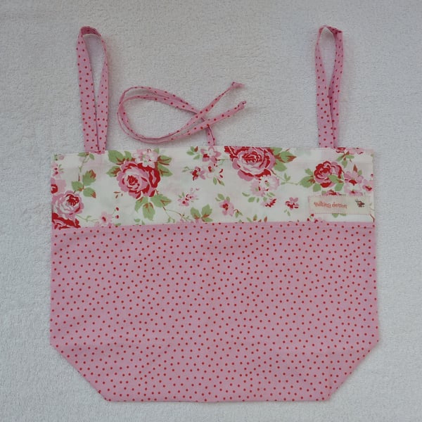 Fold Up Tote Bag in Rose and Polka Dot Print Fabric. Pinks