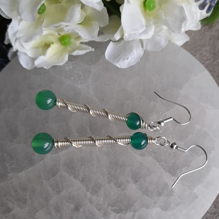Silver Plated Wire Wrapped Drop Earrings With Green Agate