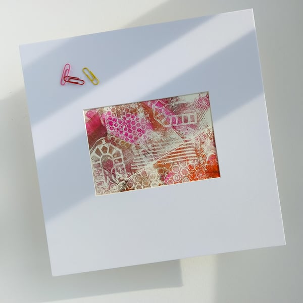 Pink abstract graphic art, an original mono print, ready to frame 