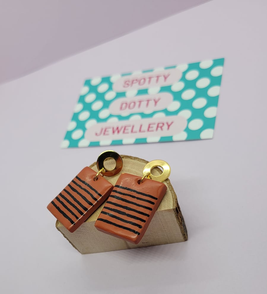 Rectangle Terracotta Polymer Clay Dangle Earrings. 