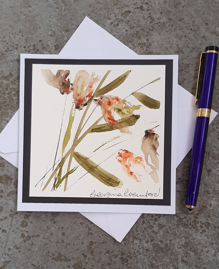 Handpainted Blank Card Of Red Abstract Papery Seed Heads