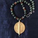Ashanti brass pendant - green Kambaba jasper - carnelian - ethnic necklace
