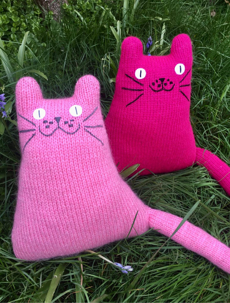 Mohair pink knitted cat cushion,  gift for  a cat lady
