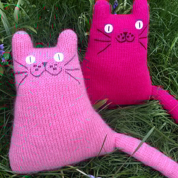 Mohair pink knitted cat cushion,  gift for  a cat lady