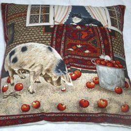 A black and white cat in the window with a pig in the courtyard cushion 