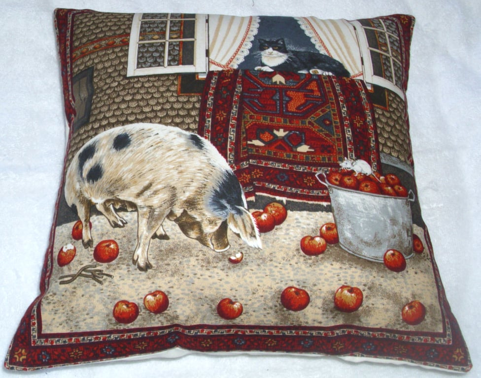 A black and white cat in the window with a pig in the courtyard cushion 