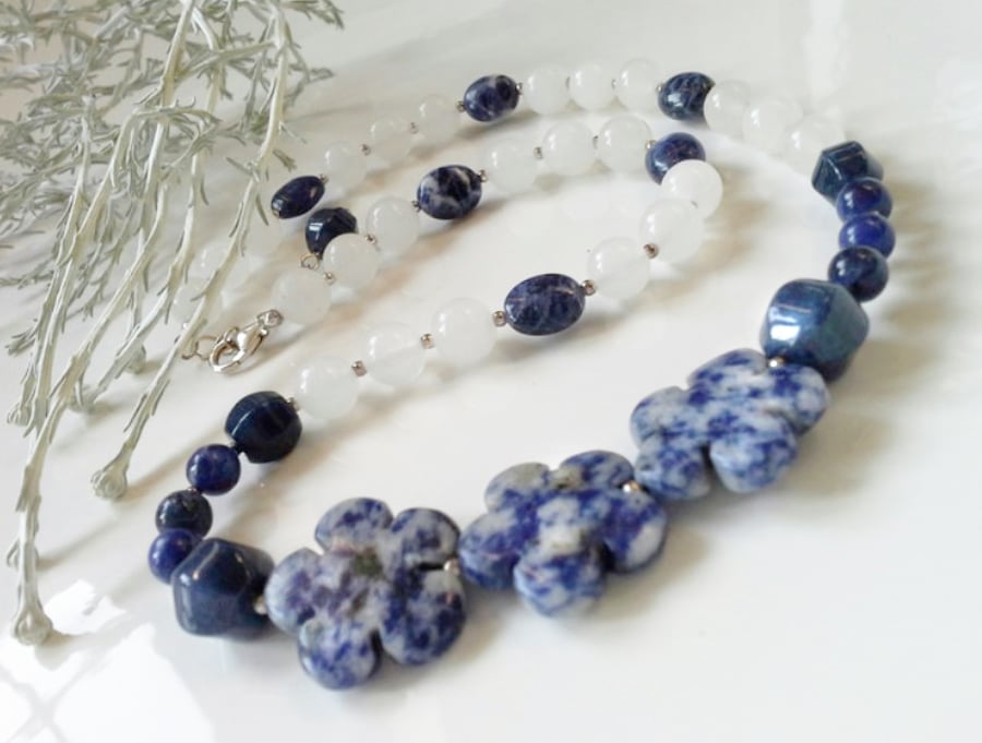 Sodalite,   Blue Jade, Jasper & Agate Sterling Silver Necklace