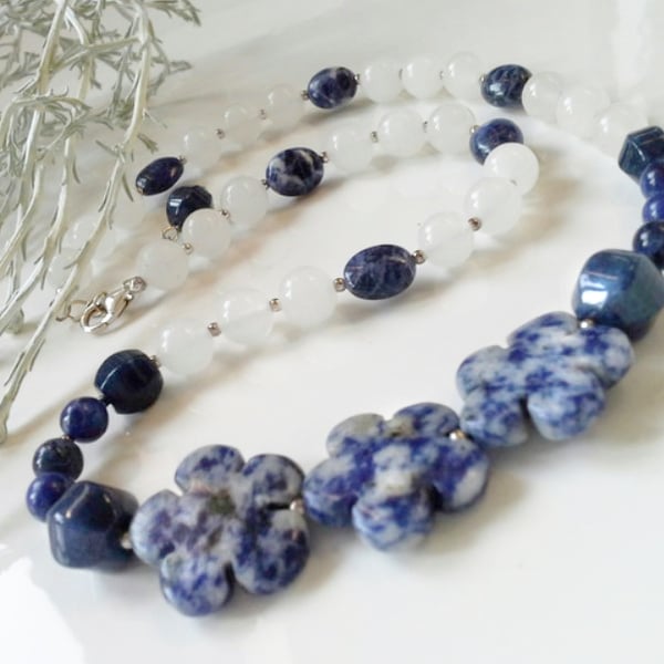 Sodalite,   Blue Jade, Jasper & Agate Sterling Silver Necklace