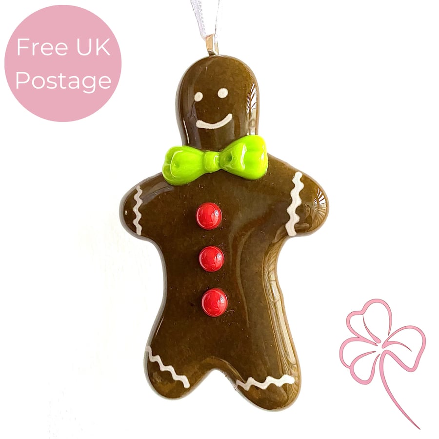 Medium Glass Gingerbread Man Hanging Decoration - Green Bow