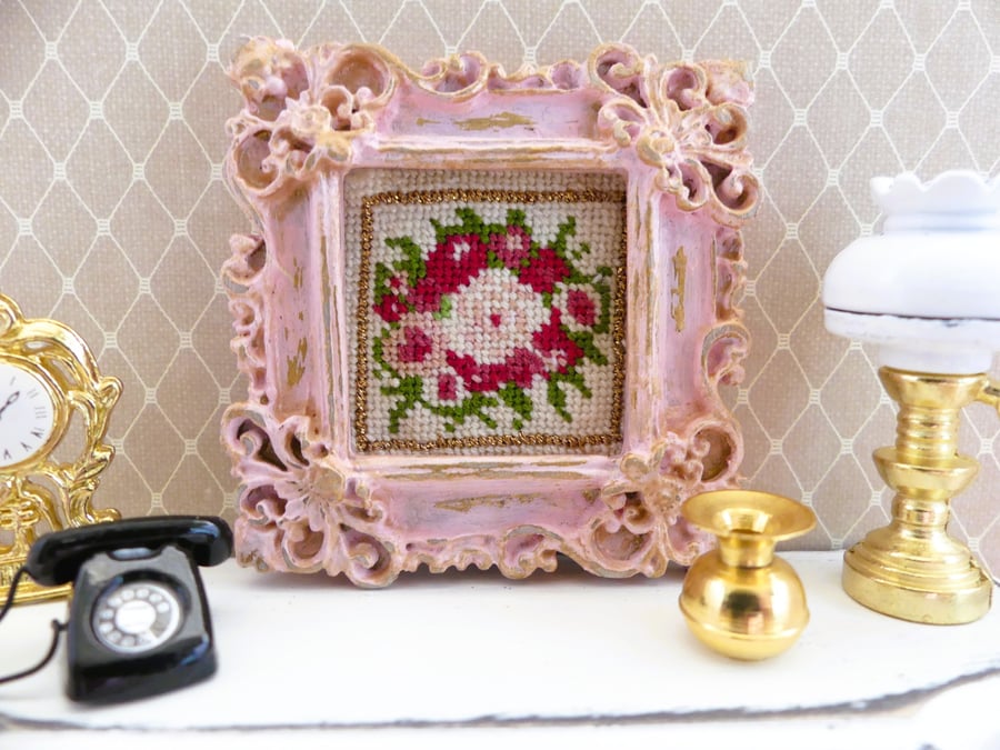 Miniature Floral Cross Stitch in Vintage Pink Frame