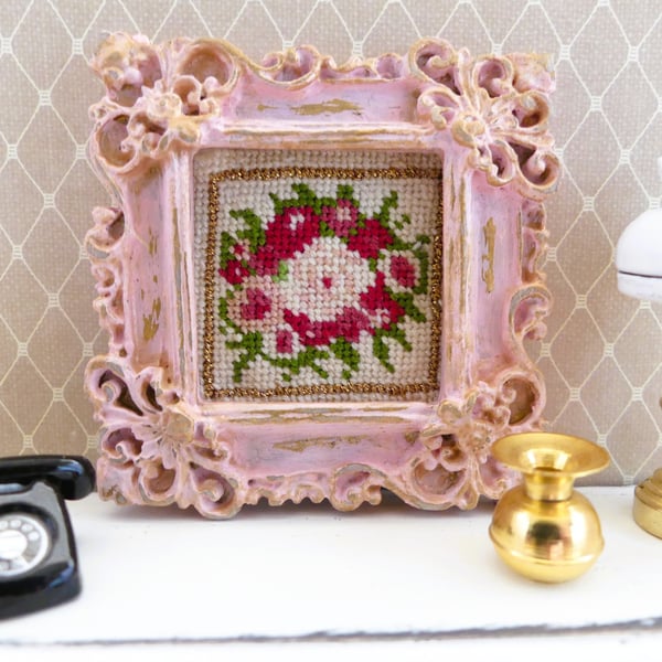 Miniature Floral Cross Stitch in Vintage Pink Frame