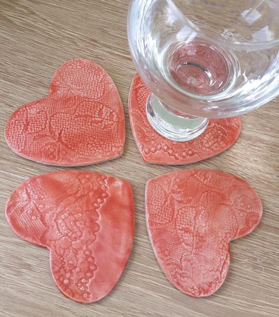 Red Lace Heart Ceramic Coasters