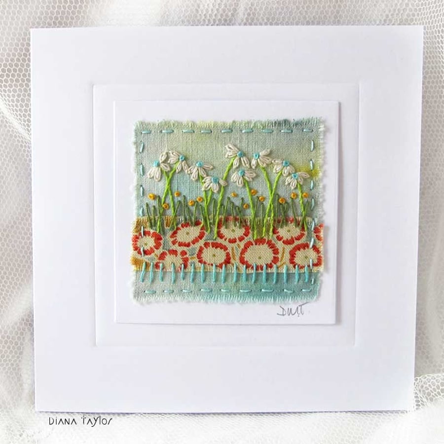 HAND EMBROIDERED GREETING CARD GARDEN SPRING VOYSEY