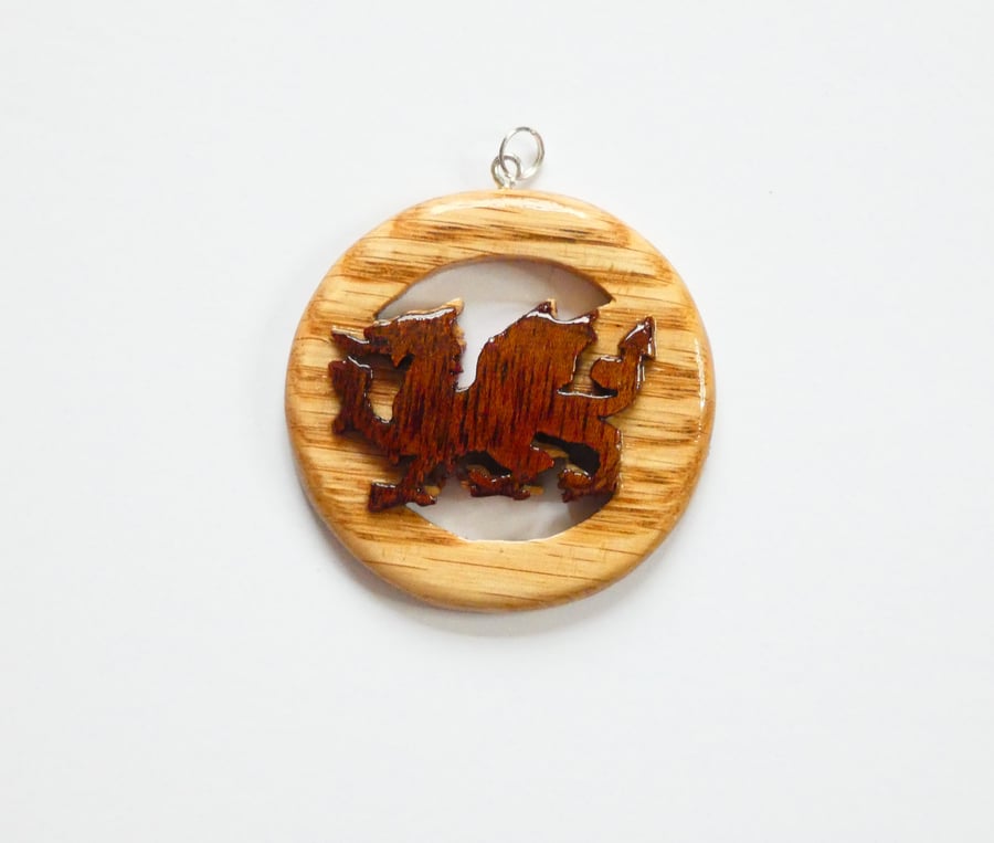 Wooden Oak and Mahogany Welsh Dragon Pendant Necklace