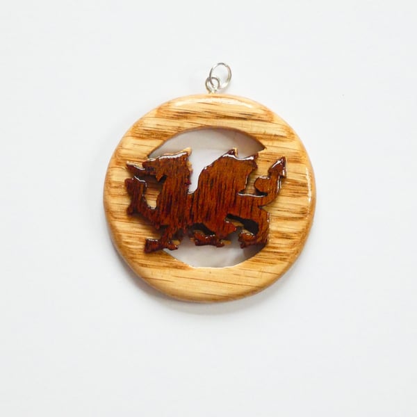 Wooden Oak and Mahogany Welsh Dragon Pendant Necklace