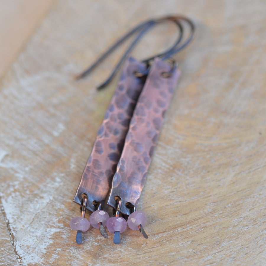 Copper Hammered Earrings with Rose Quartz Beads