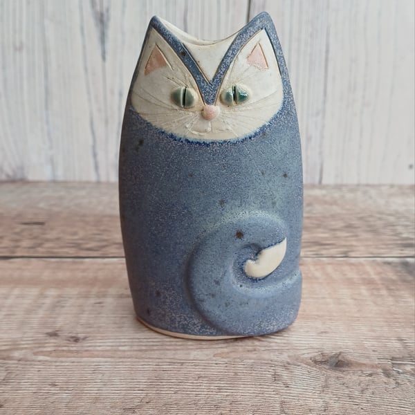 Small handbuilt pottery Cat vase ,speckled blue 