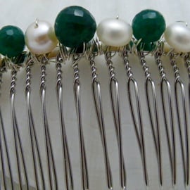 Green Onyx and Freshwater Pearl Hair Comb.