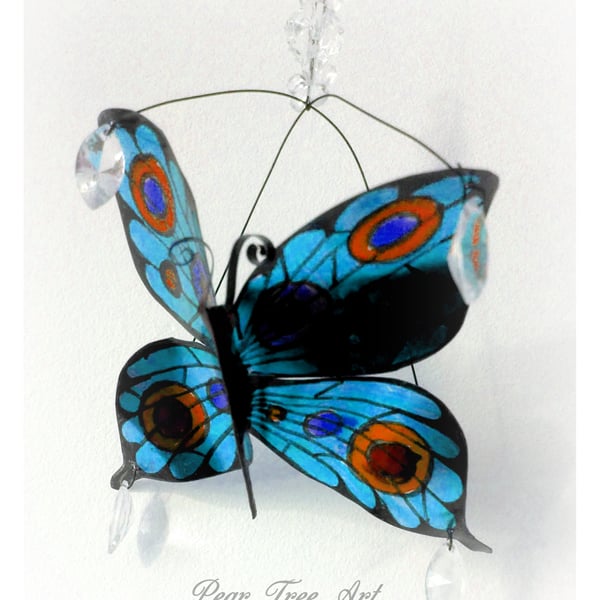 Handmade Metal Butterfly, Turquoise Hanging Decoration. Made from a Coffee Tin.