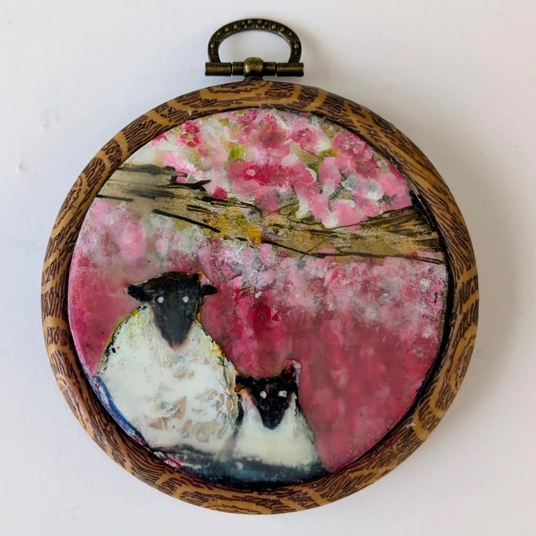 "Ewes and blossom"  mixed media in a hoop wall hanging