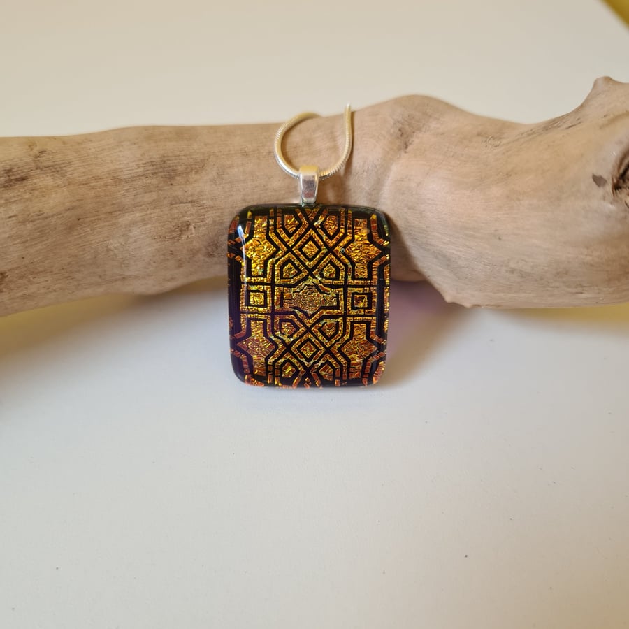 Image of Sparkly gold patterned fused glass pendant