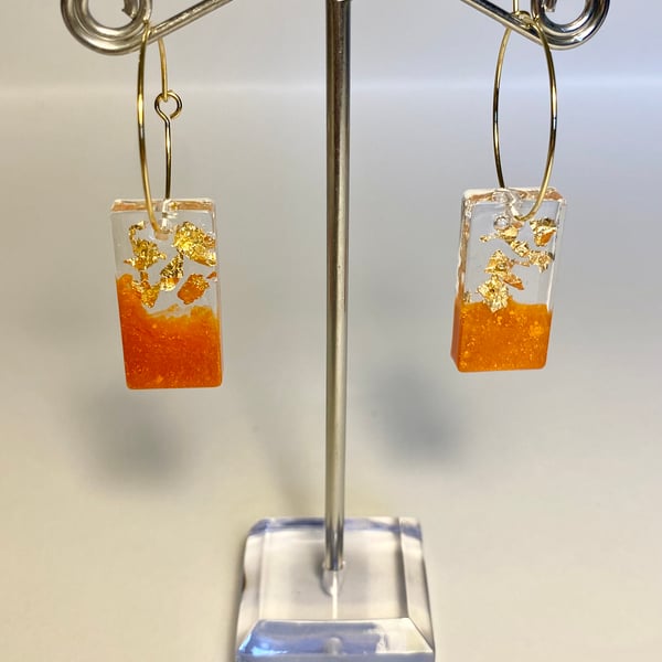 Handmade orange resin and copper flake rectangle hoop earrings