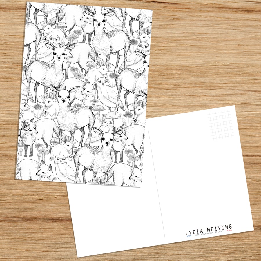 Woodland Postcard featuring deers, rabbits, owls, foxes and more!