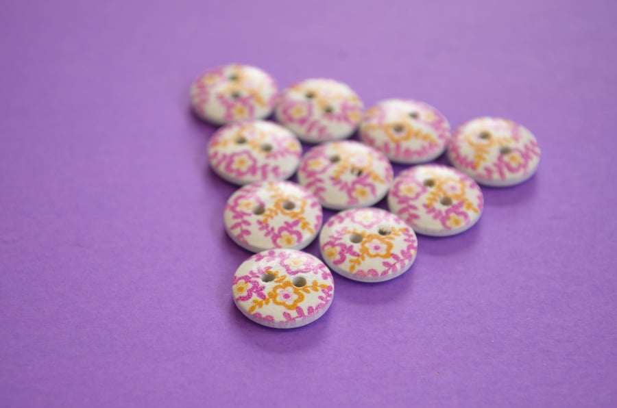 15mm Wooden Floral Buttons Pink Yellow White 10pk Flowers (SF6)