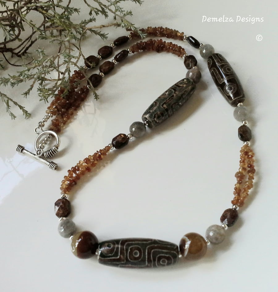Garnet, Moonstone, Agate, Bronzite Long Necklace ONE ONLY