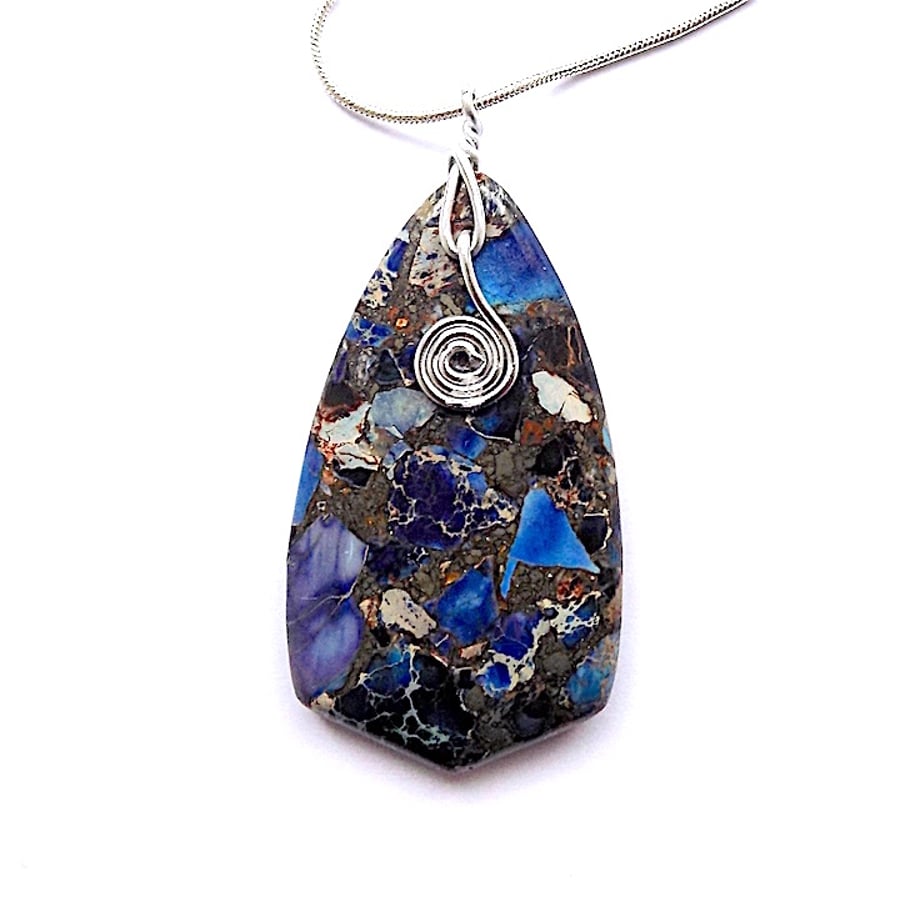 Sea sediment jasper pendant necklace, 925 silver snake chain with lobster clasp.