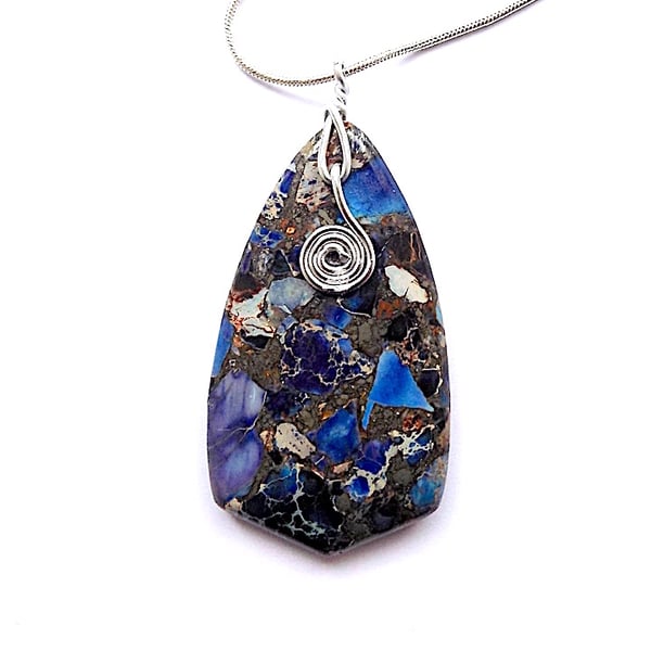 Sea sediment jasper pendant necklace, 925 silver snake chain with lobster clasp.