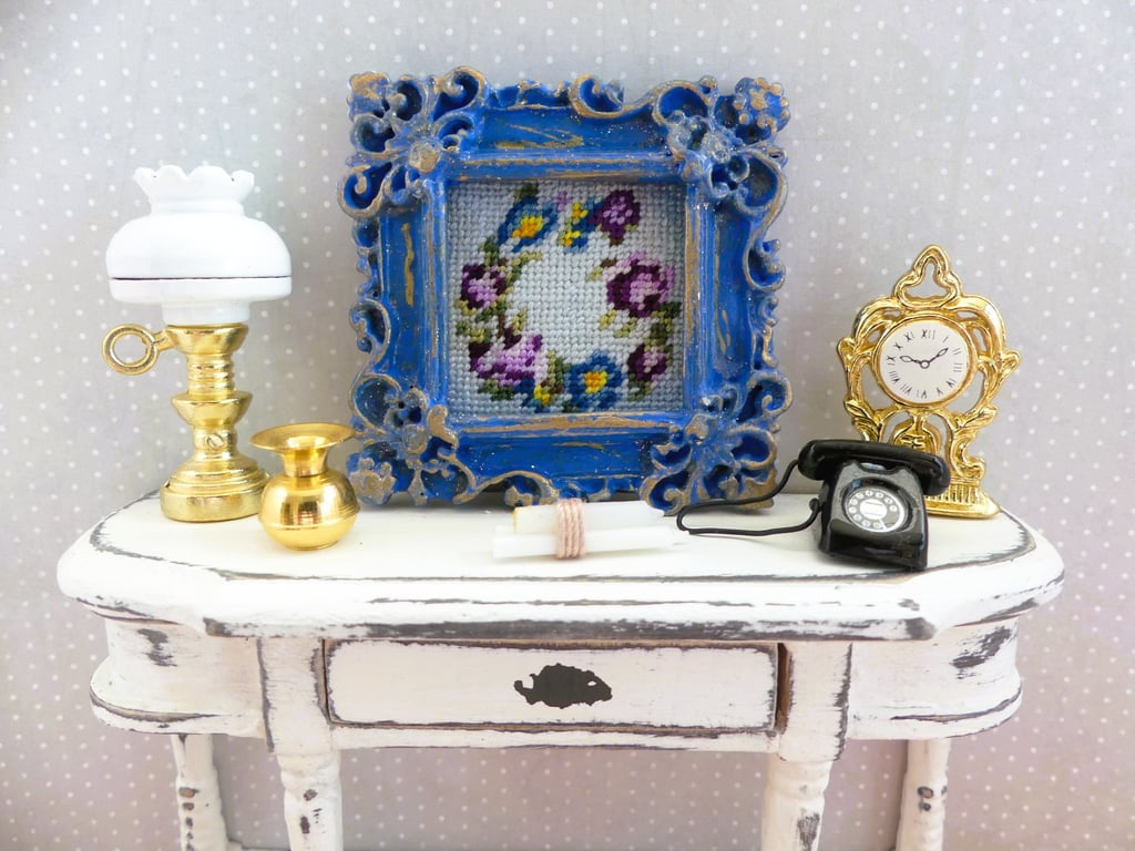 1.12 Scale Miniature Cross Stitch Framed Picture - Floral Design