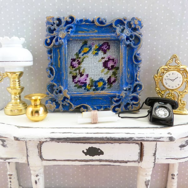 1.12 Scale Miniature Cross Stitch Framed Picture - Floral Design