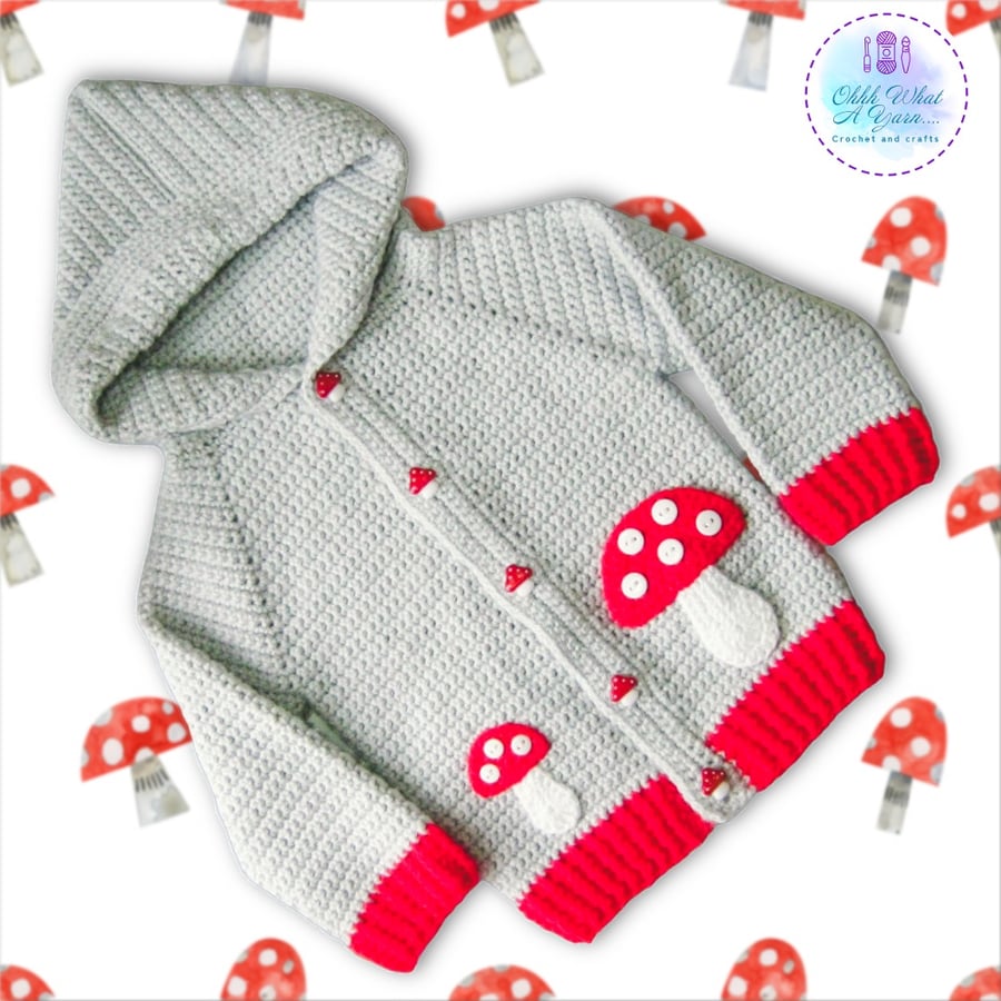 Crochet baby hoody. Original design toadstools hoody. Size 9-12 months.