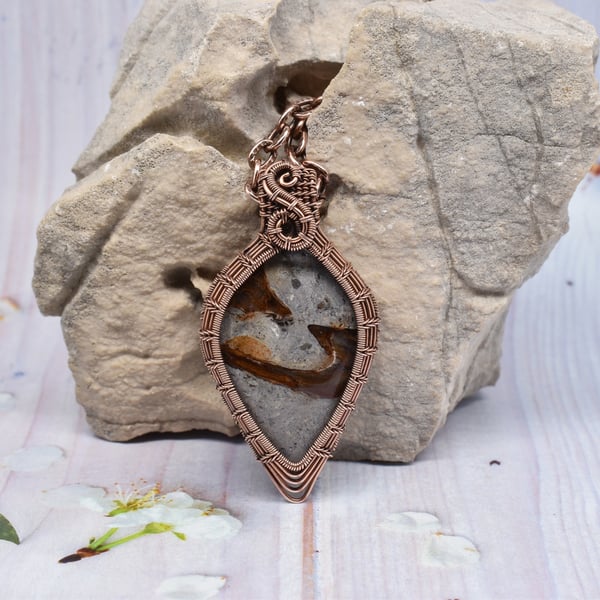 Wire Woven Rock Chalcedony and Copper Unisex Pendant
