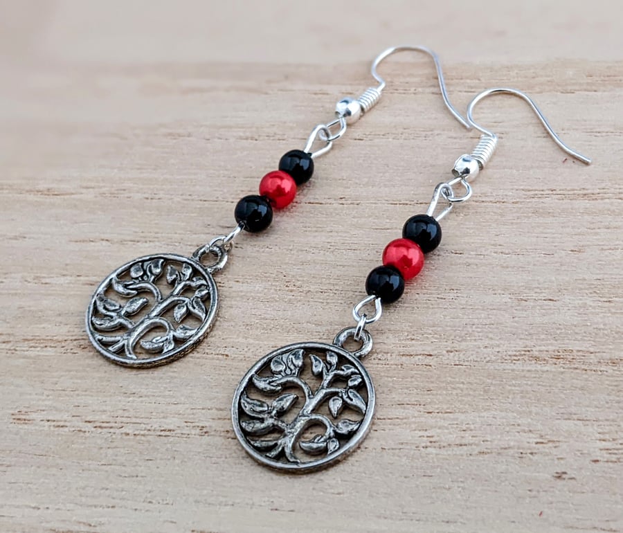 Tree of life earrings - grey, red and silver