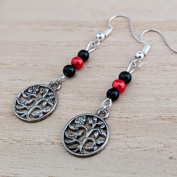 Tree of life earrings - grey, red and silver
