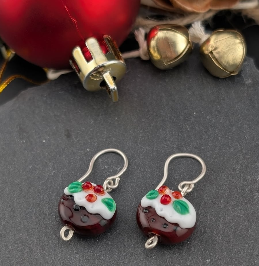 Christmas Pudding Lampwork Earrings